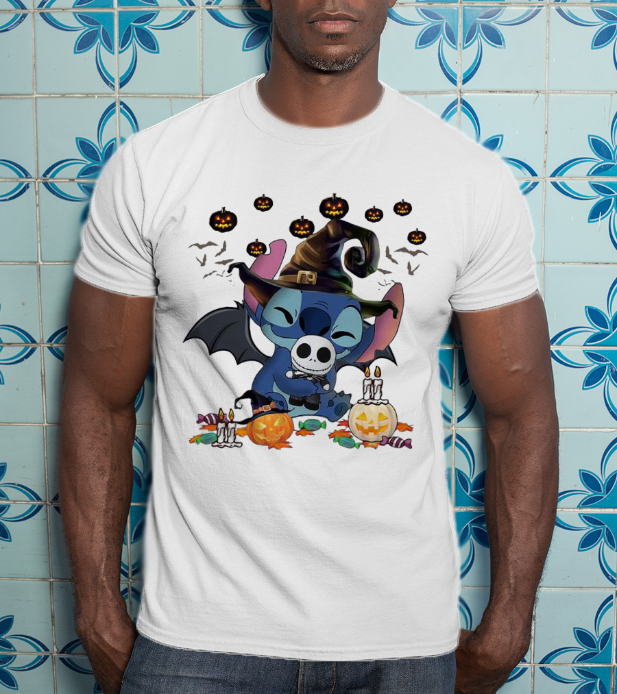 Halloween Stitch With Jack Skellington Mask And Bats T-Shirt