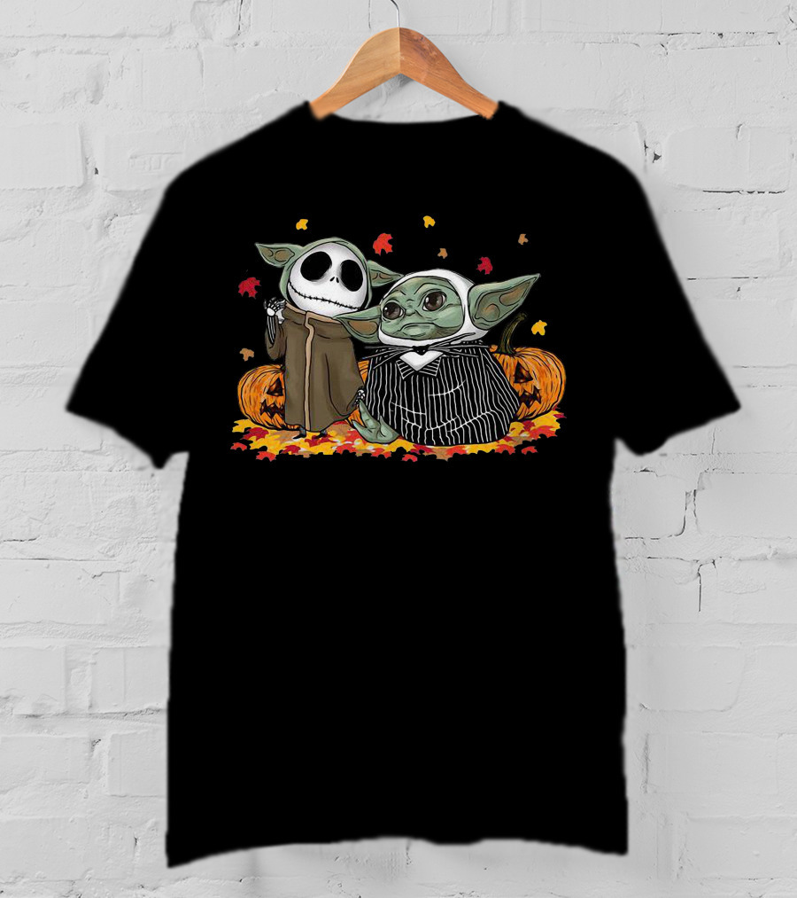 Pumpkin Halloween Baby Yoda Jack Skellington Autumn Leaves T-Shirt