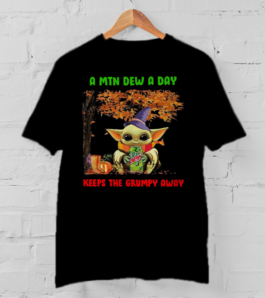 A Mtn Dew A Day Keeps The Grumpy Away Halloween Baby Yoda T-Shirt