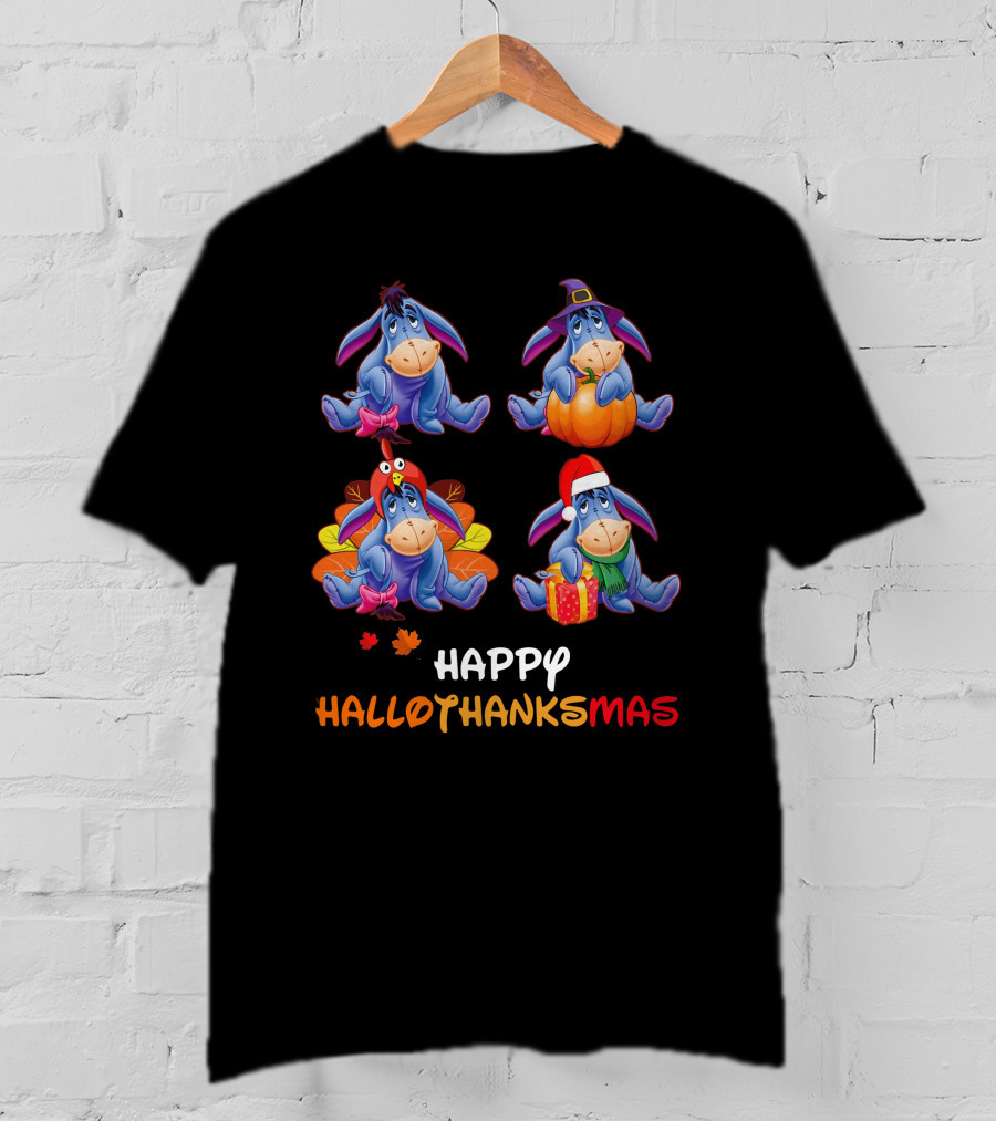 Eeyore Happy Hallothanksmas With Festive Seasonal Teal Accents T-Shirt