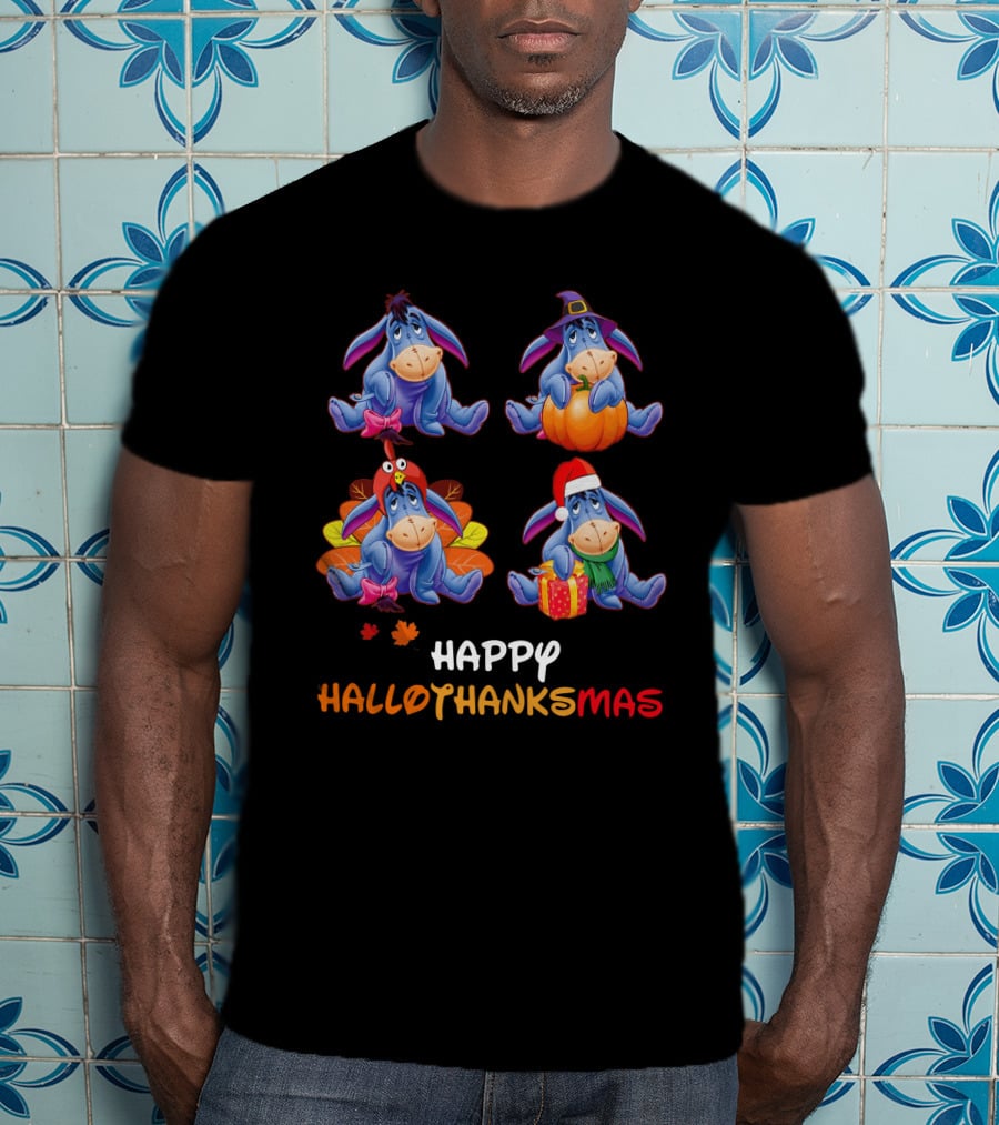Eeyore Happy Hallothanksmas With Festive Seasonal Teal Accents T-Shirt