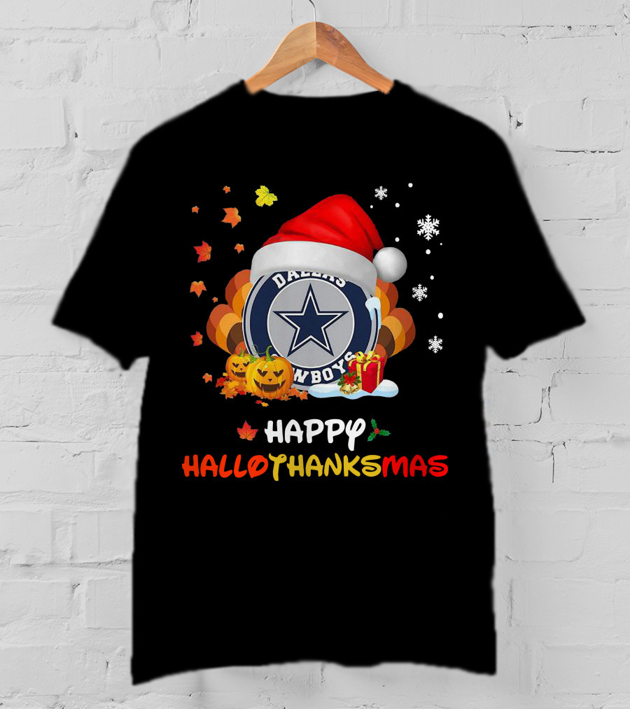 Happy Hallothanksmas Dallas Cowboys Pumpkin Santa Leaves Snowflakes T-Shirt