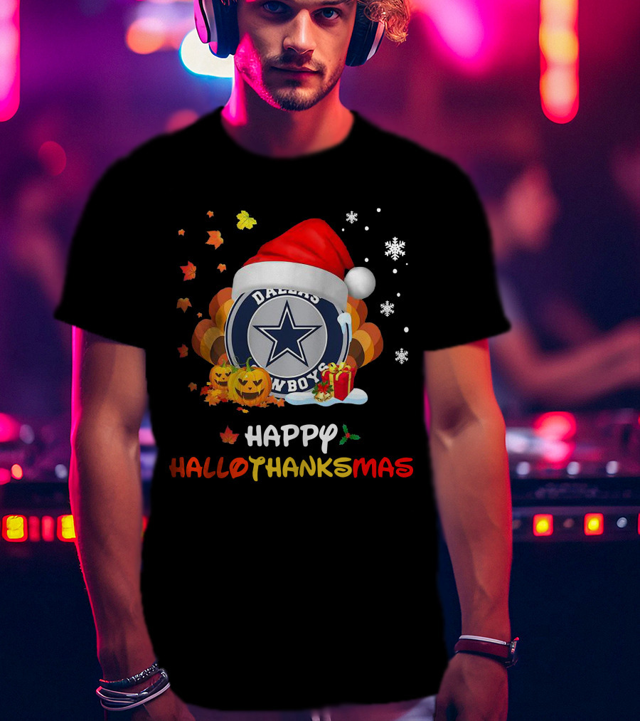 Happy Hallothanksmas Dallas Cowboys Pumpkin Santa Leaves Snowflakes T-Shirt
