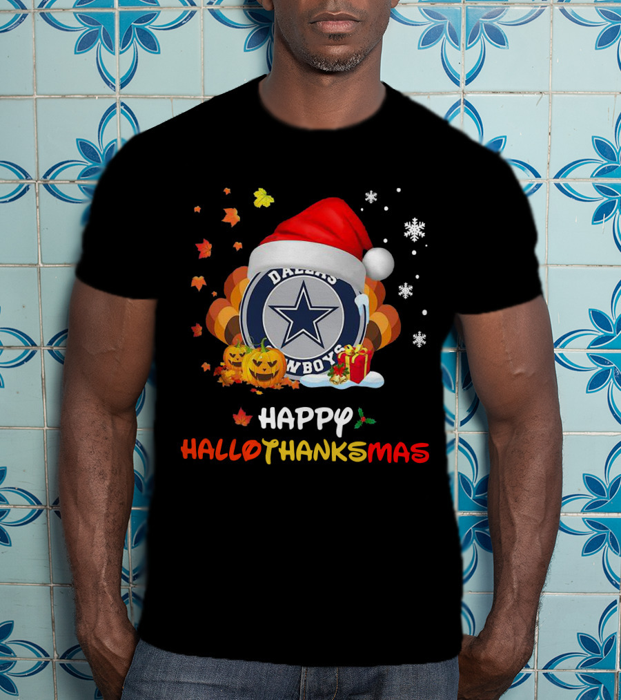 Happy Hallothanksmas Dallas Cowboys Pumpkin Santa Leaves Snowflakes T-Shirt