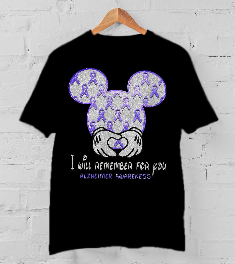 I Will Remember For You Alzheimer Awareness Mickey Pattern With Purple Ribbons T-Shirt