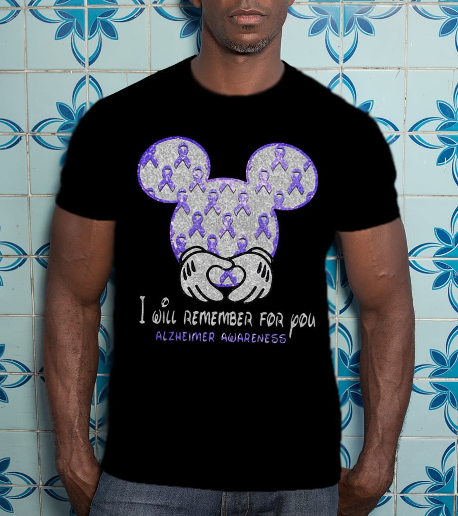 I Will Remember For You Alzheimer Awareness Mickey Pattern With Purple Ribbons T-Shirt