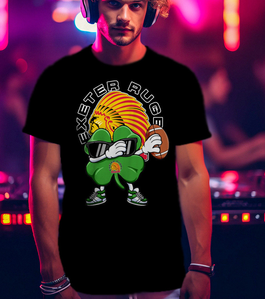 Exeter Rugger Chiefs Shamrock With Sunglasses And Rugby Ball T-Shirt