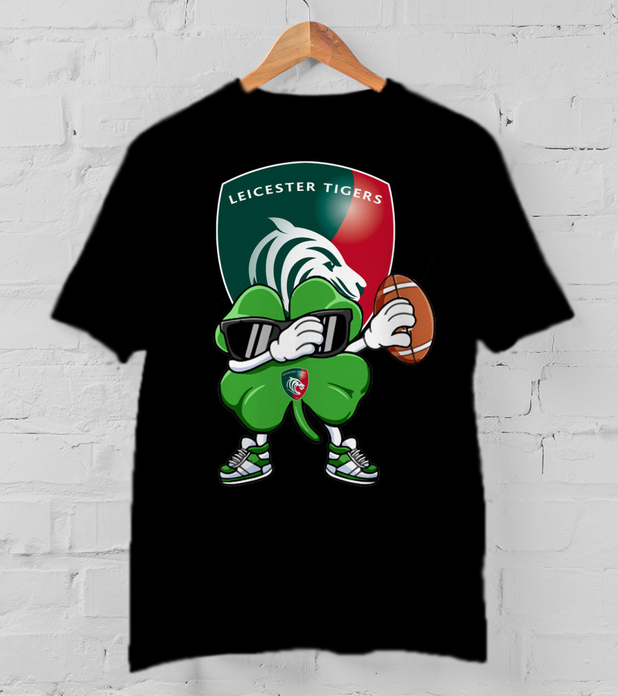 Leicester Tigers Shamrock Mascot Holding Rugby Ball T-Shirt