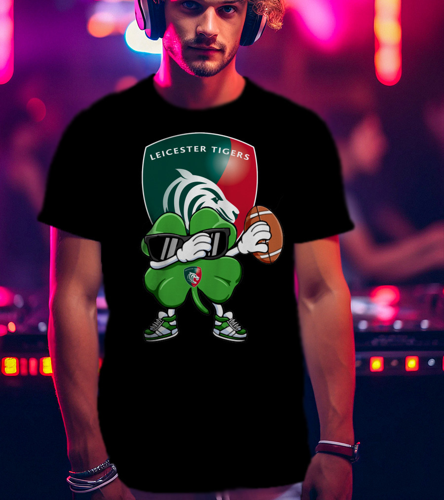 Leicester Tigers Shamrock Mascot Holding Rugby Ball T-Shirt