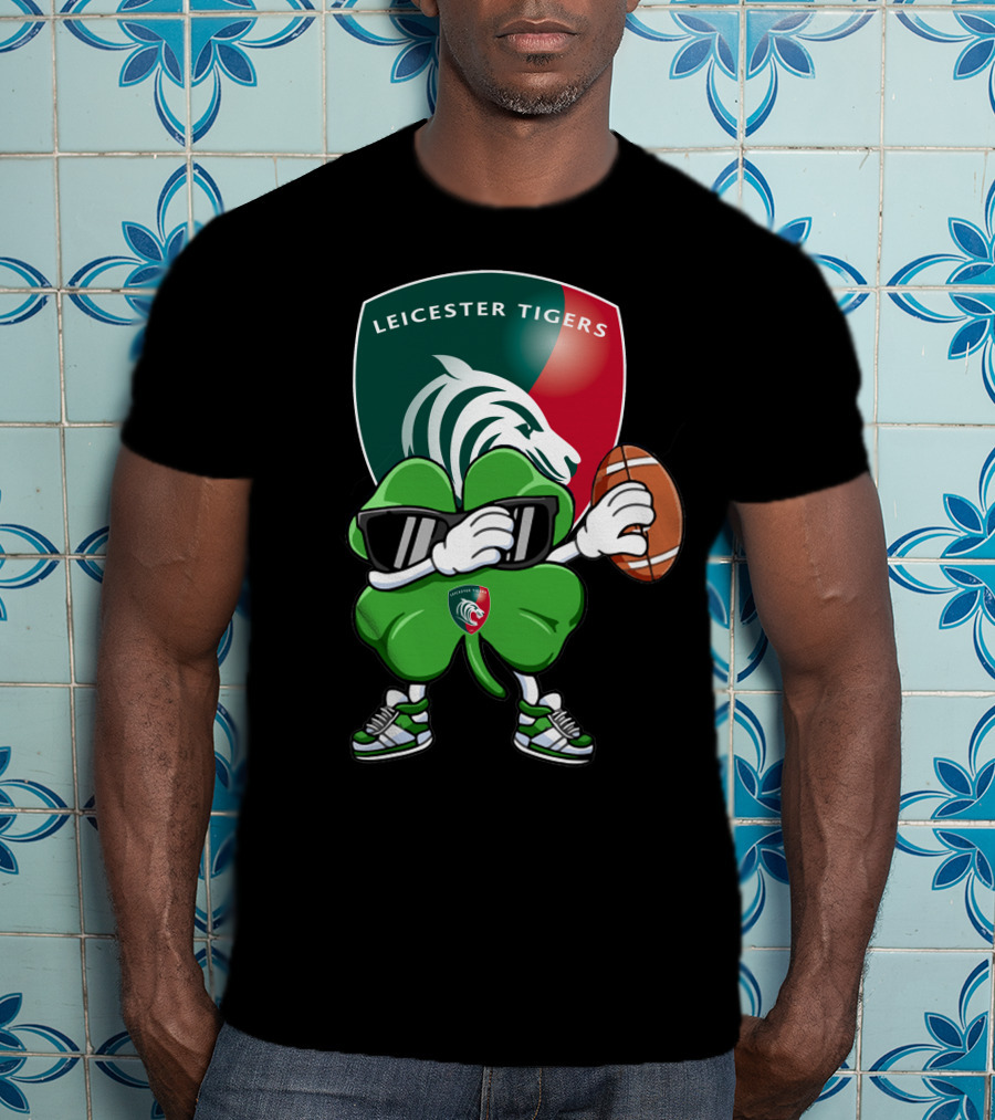 Leicester Tigers Shamrock Mascot Holding Rugby Ball T-Shirt