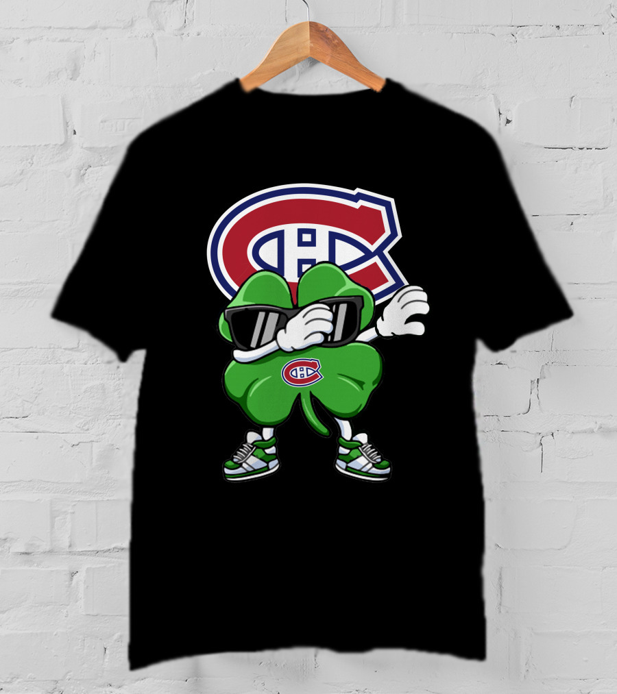 Montreal Canadiens Logo With Dabbing Four-Leaf Clover Wearing Sneakers And Sunglasses T-Shirt