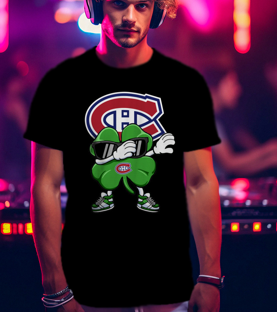 Montreal Canadiens Logo With Dabbing Four-Leaf Clover Wearing Sneakers And Sunglasses T-Shirt