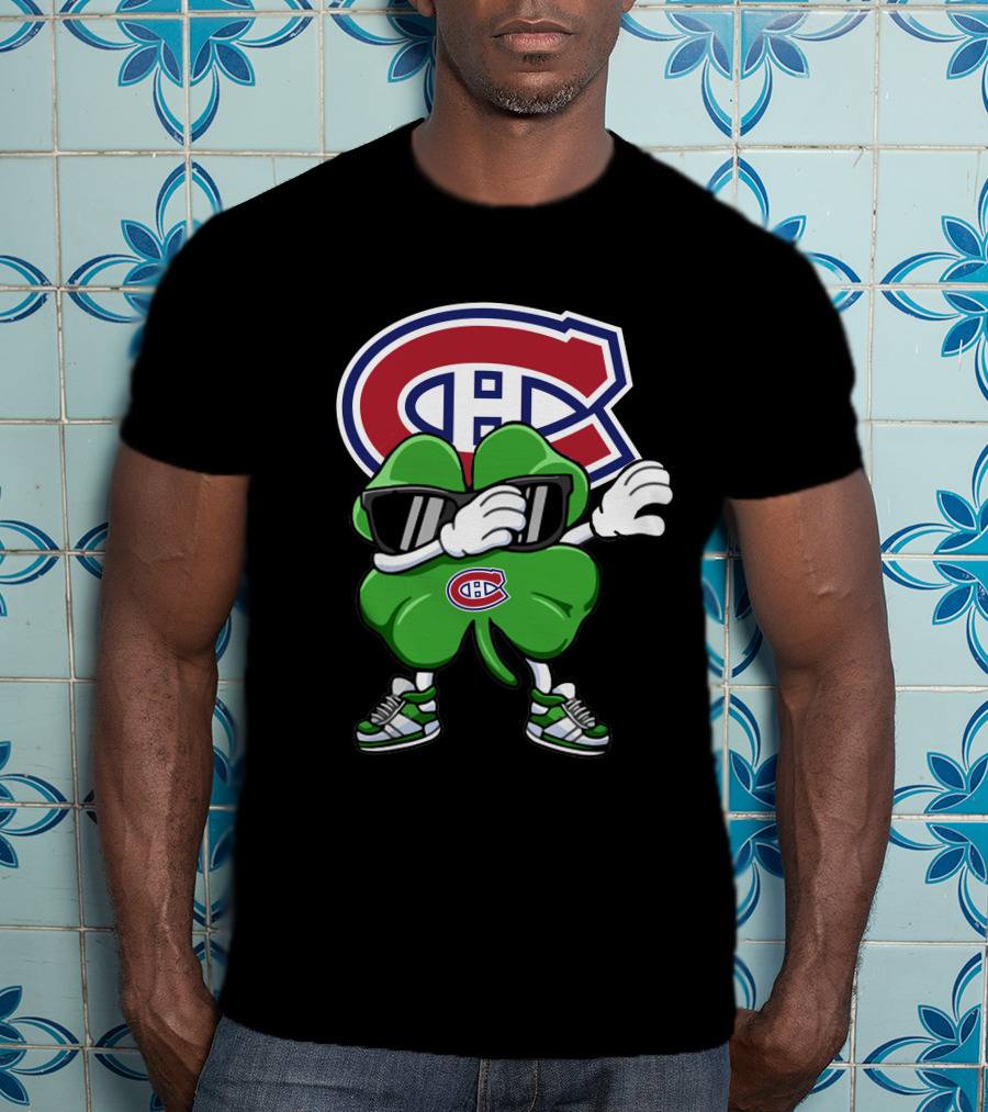 Montreal Canadiens Logo With Dabbing Four-Leaf Clover Wearing Sneakers And Sunglasses T-Shirt