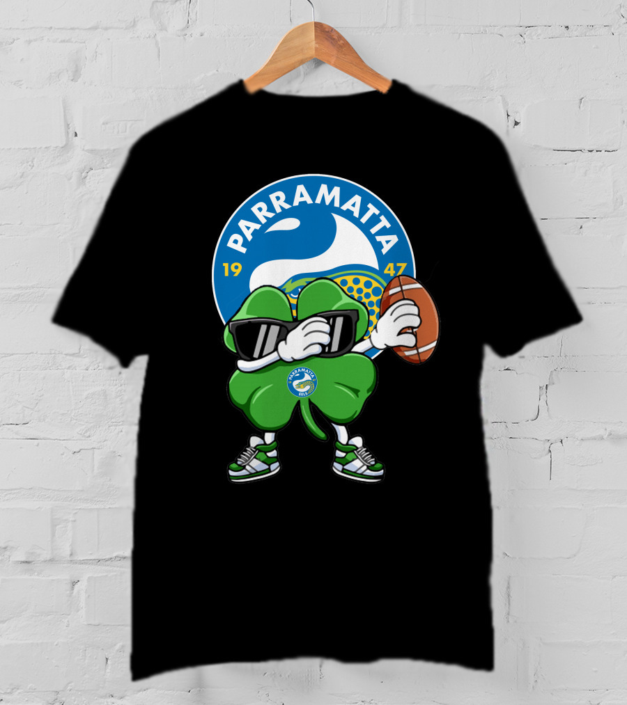 Parramatta Eels 1947 Clover Mascot With Football And Sunglasses T-Shirt