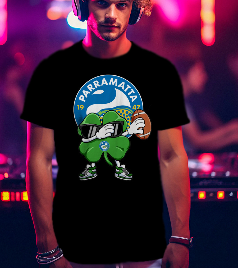Parramatta Eels 1947 Clover Mascot With Football And Sunglasses T-Shirt