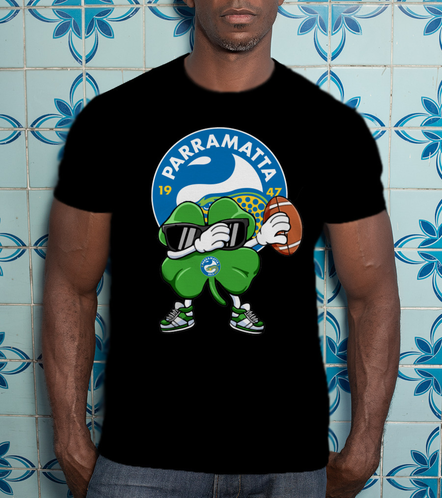 Parramatta Eels 1947 Clover Mascot With Football And Sunglasses T-Shirt