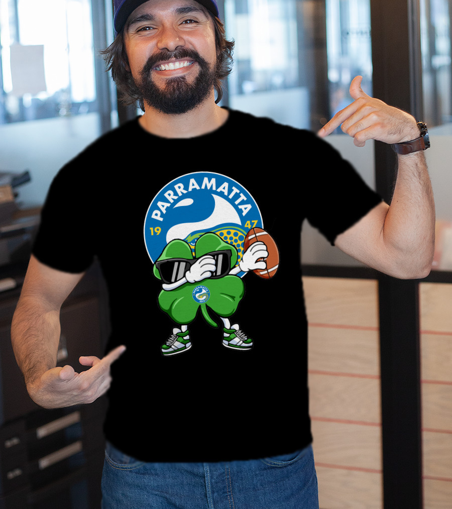Parramatta Eels 1947 Clover Mascot With Football And Sunglasses T-Shirt