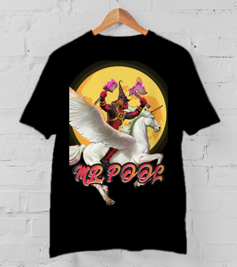 MR POOL Wizard On Unicorn With Pink Axes T-Shirt