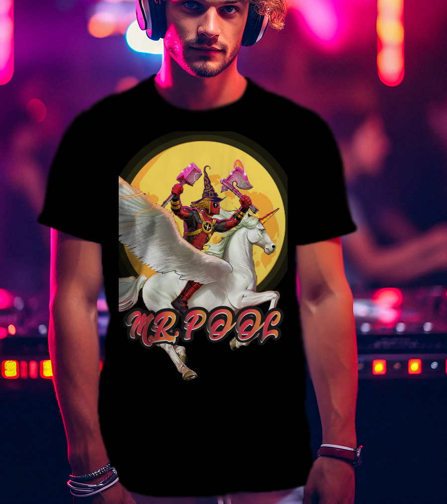 MR POOL Wizard On Unicorn With Pink Axes T-Shirt