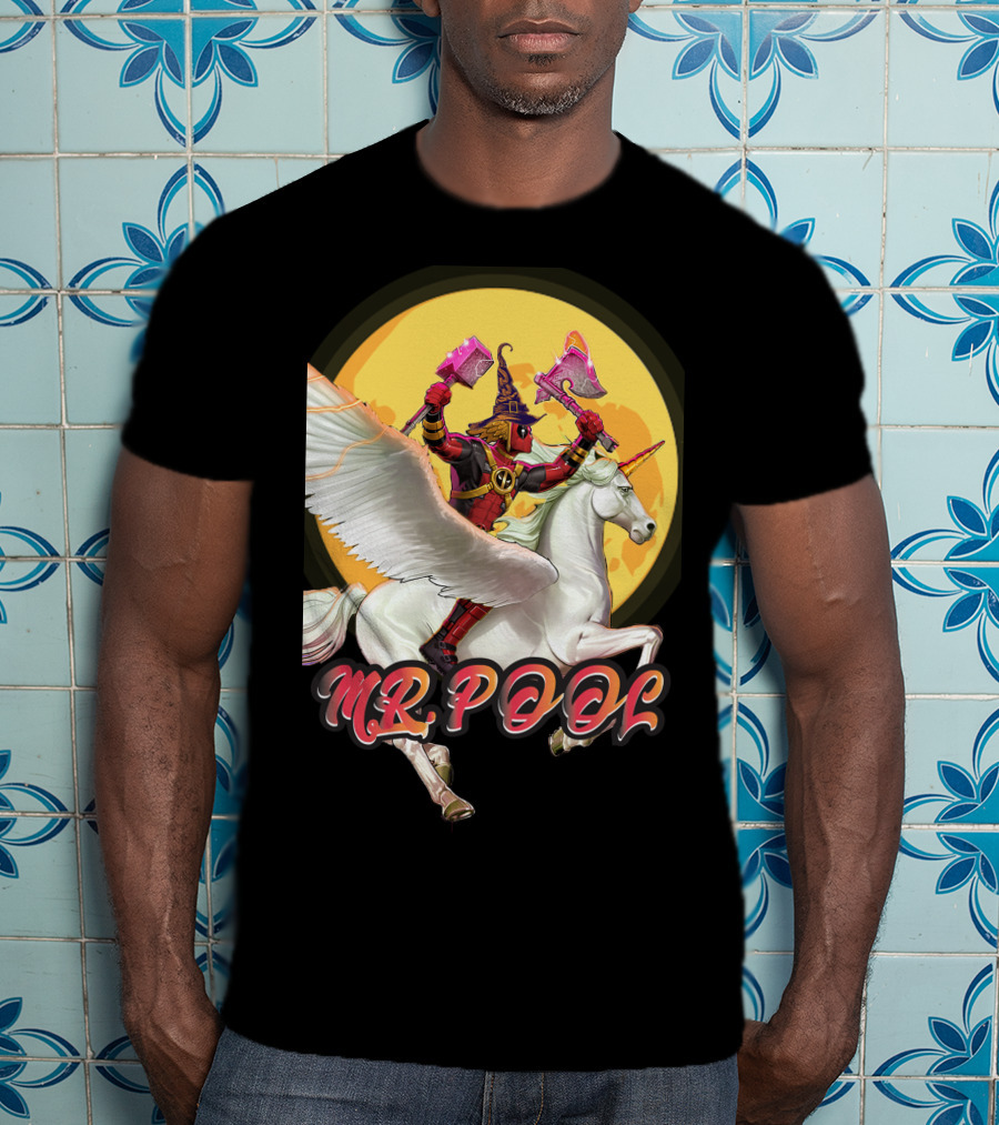 MR POOL Wizard On Unicorn With Pink Axes T-Shirt