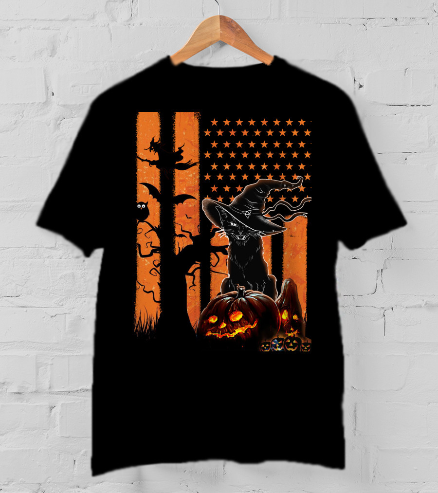 Halloween Black Cat Witch Hat Jack-O'-Lanterns And Stars On Orange Stripes T-Shirt