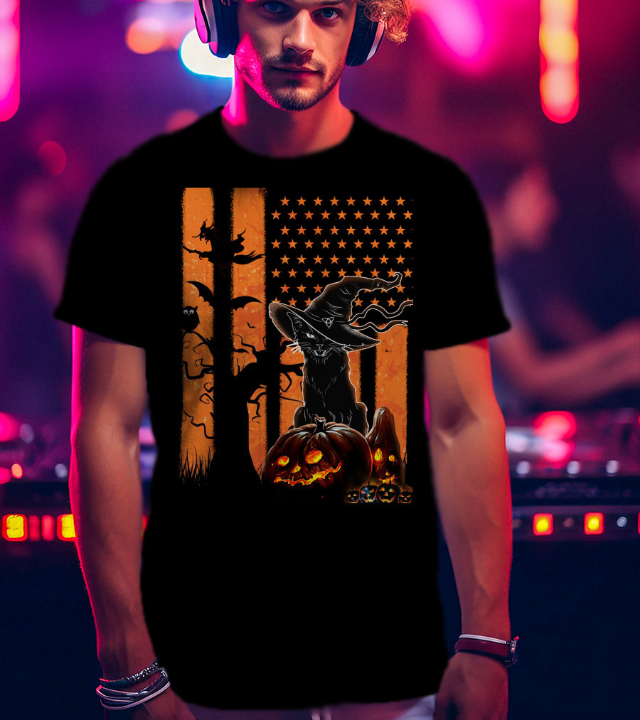 Halloween Black Cat Witch Hat Jack-O'-Lanterns And Stars On Orange Stripes T-Shirt