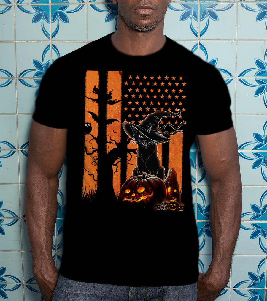 Halloween Black Cat Witch Hat Jack-O'-Lanterns And Stars On Orange Stripes T-Shirt