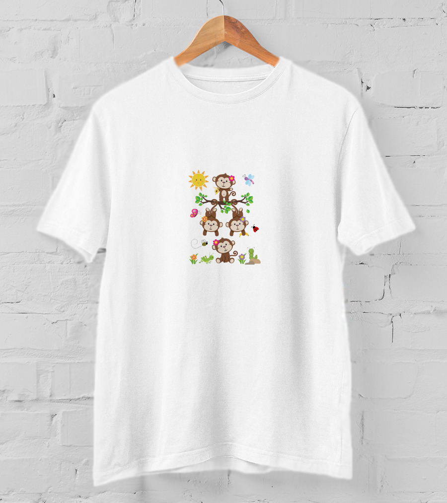 Madame Defarge Sun Smiling Monkeys And Flowers With Ladybug Butterfly Bee T-Shirt
