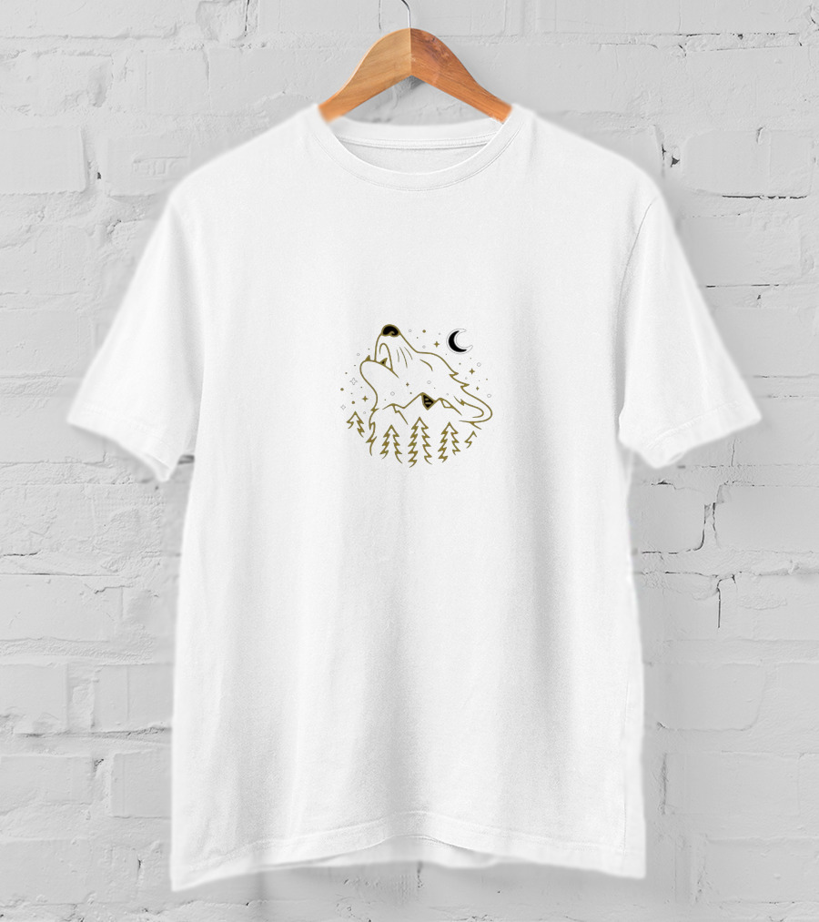 Lil Huddy Wolf Howling At Crescent Moon With Forest Trees And Stars T-Shirt