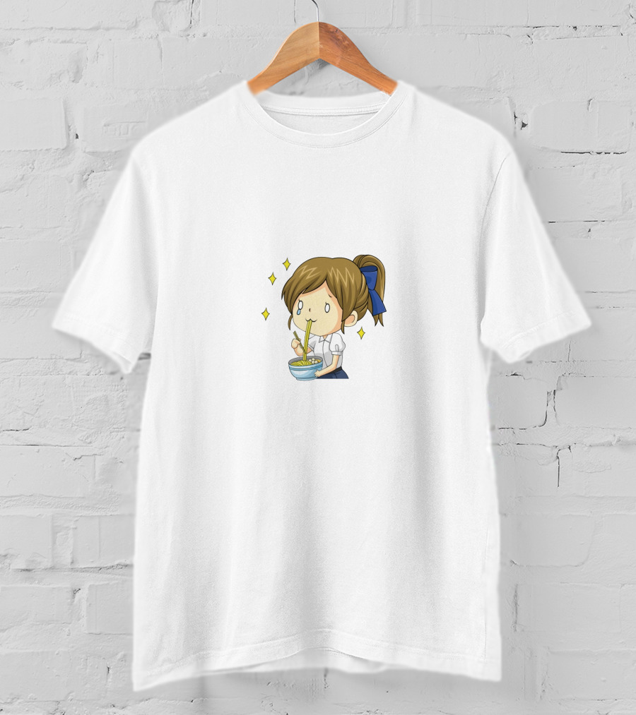 Onlywonderful Anime Girl Eating Ramen With Blue Bow And Sparkles T-Shirt