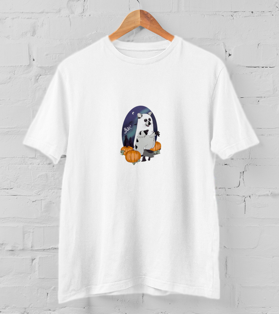 Boo Halloween Raccoon With Pumpkins And Moonlit Night Scene T-Shirt