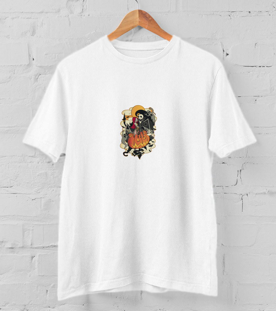 Halloween Jack Skellington Sitting On Pumpkin With Ghosts And Bats T-Shirt