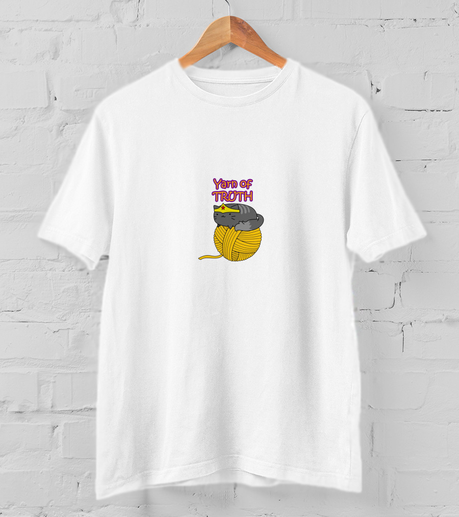 Yarn Of Truth Cat On Yellow Ball Of Yarn With Wonder Woman Headband T-Shirt