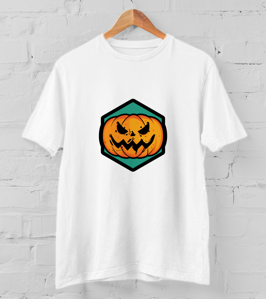 Jack-O'-Lantern Pumpkin Face Hexagon Badge T-Shirt