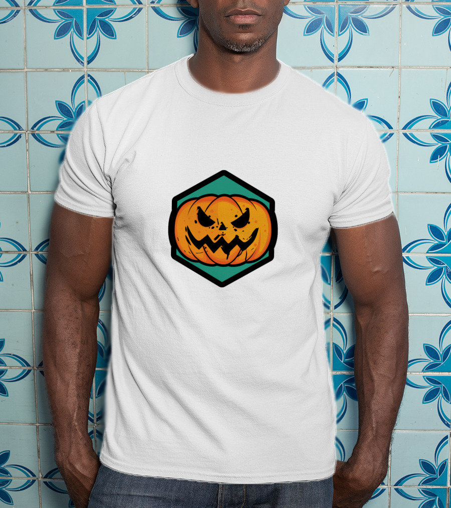 Jack-O'-Lantern Pumpkin Face Hexagon Badge T-Shirt