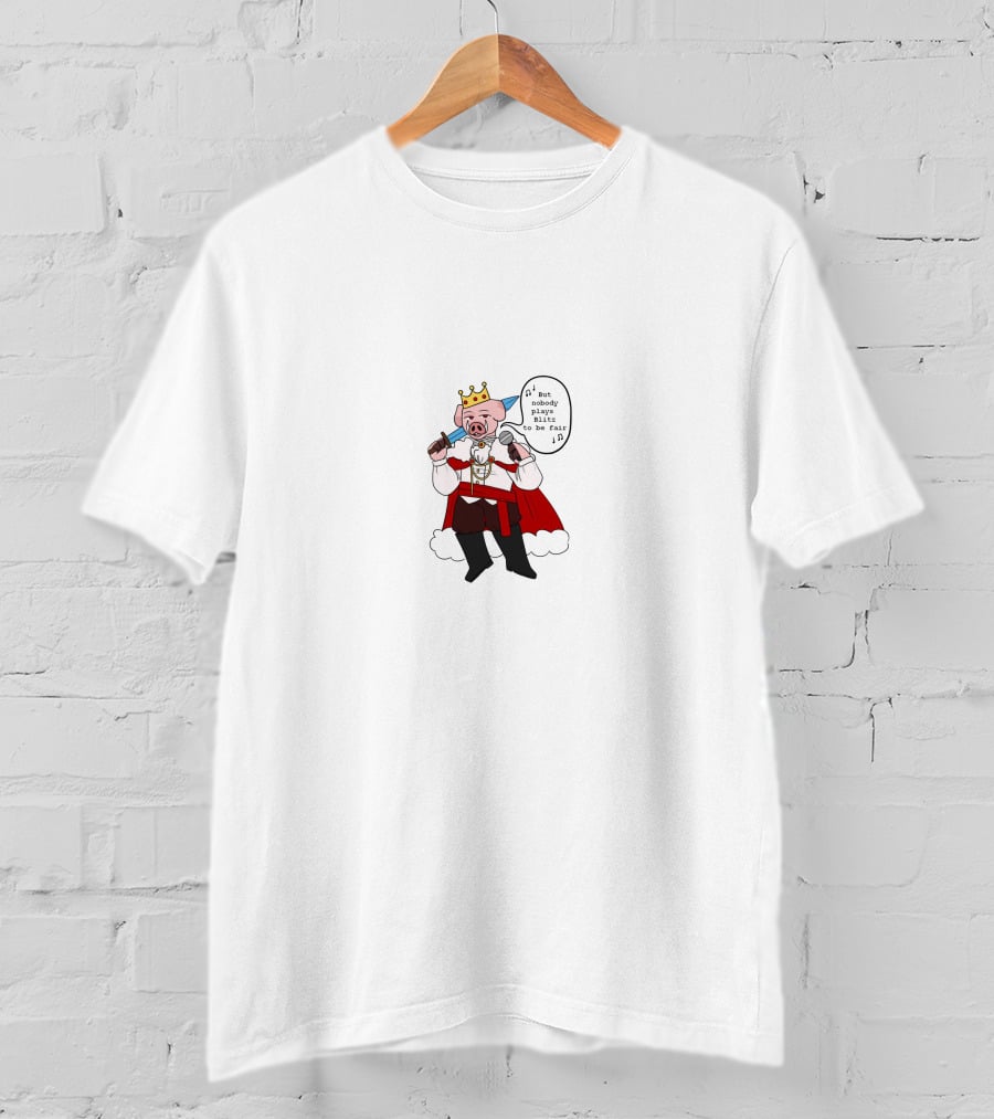 Technoblade King Pig Character With Crown And Red Cape Holding Swords Saying Nobody Plays Like To Be Fair T-Shirt