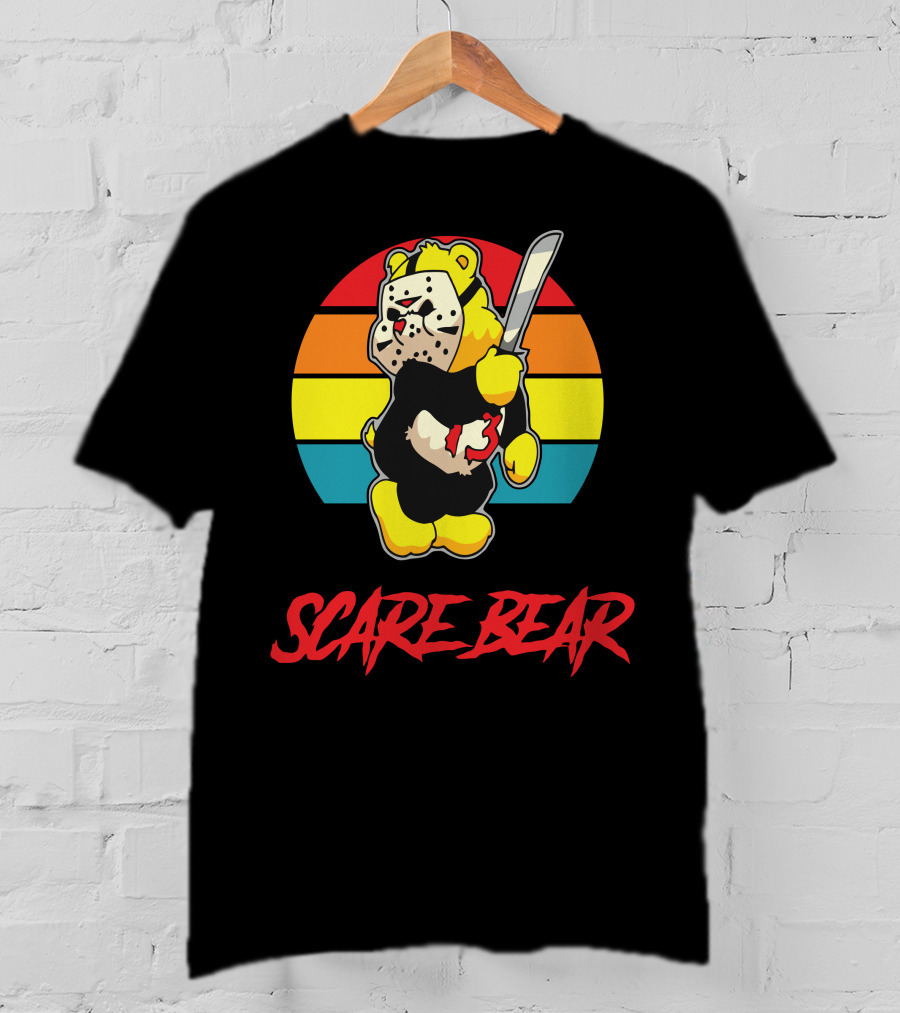 Scare Bear Slasher Retro Rainbow Bear With Mask And Knife T-Shirt