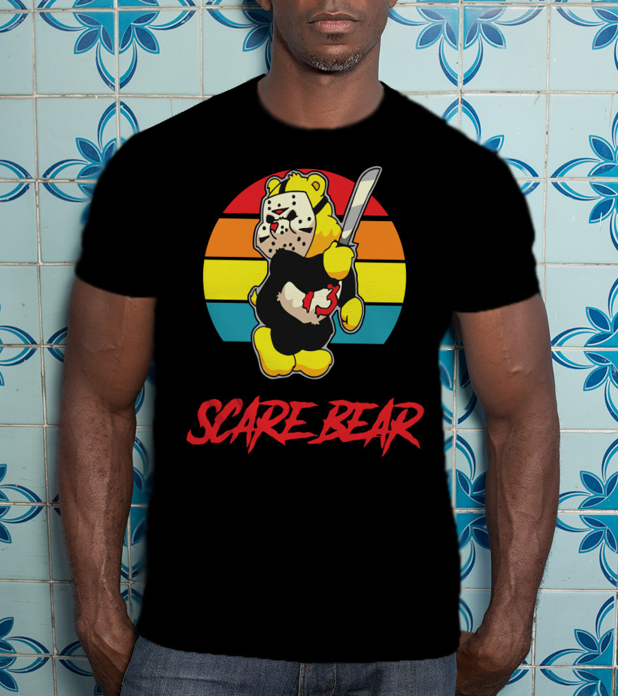 Scare Bear Slasher Retro Rainbow Bear With Mask And Knife T-Shirt