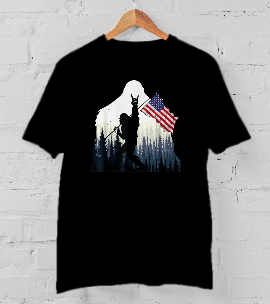 Bigfoot Silhouette With USA Flag And Rock And Roll Pose In Forest T-Shirt