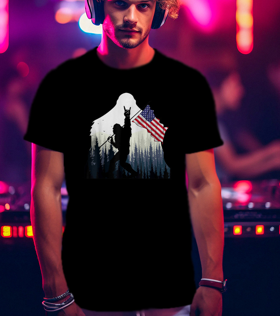 Bigfoot Silhouette With USA Flag And Rock And Roll Pose In Forest T-Shirt