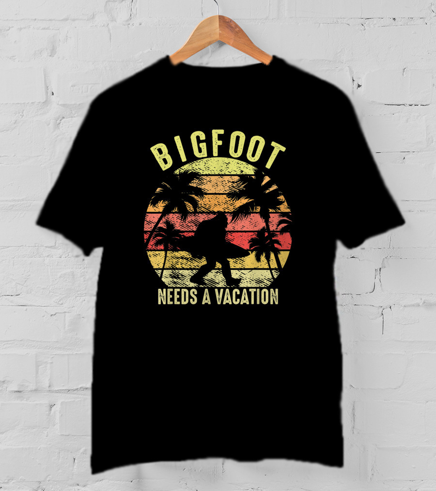 Bigfoot Needs A Vacation Retro Vintage Hawaiian Sunset T-Shirt