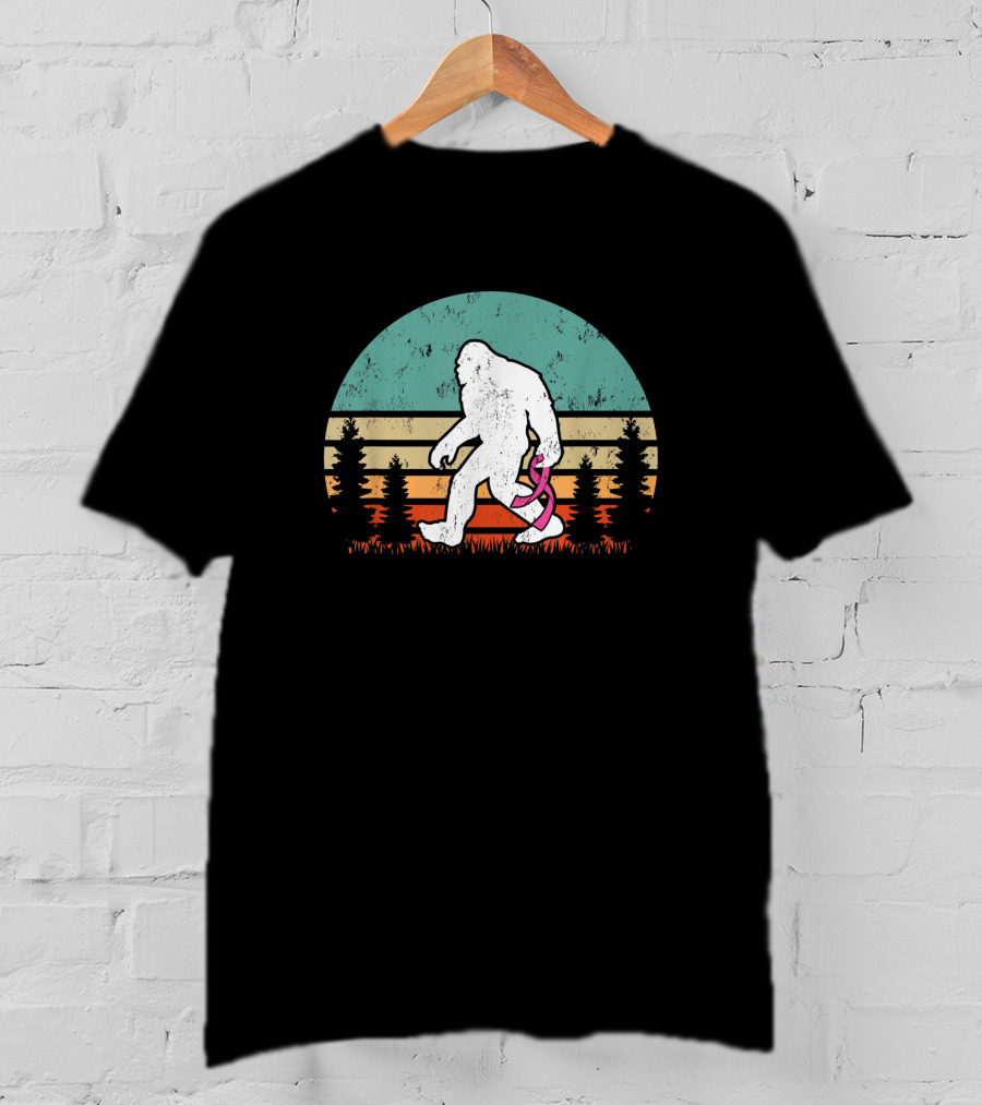 Vintage Bigfoot Breast Cancer Awareness Pink Ribbon Forest Sunset T-Shirt