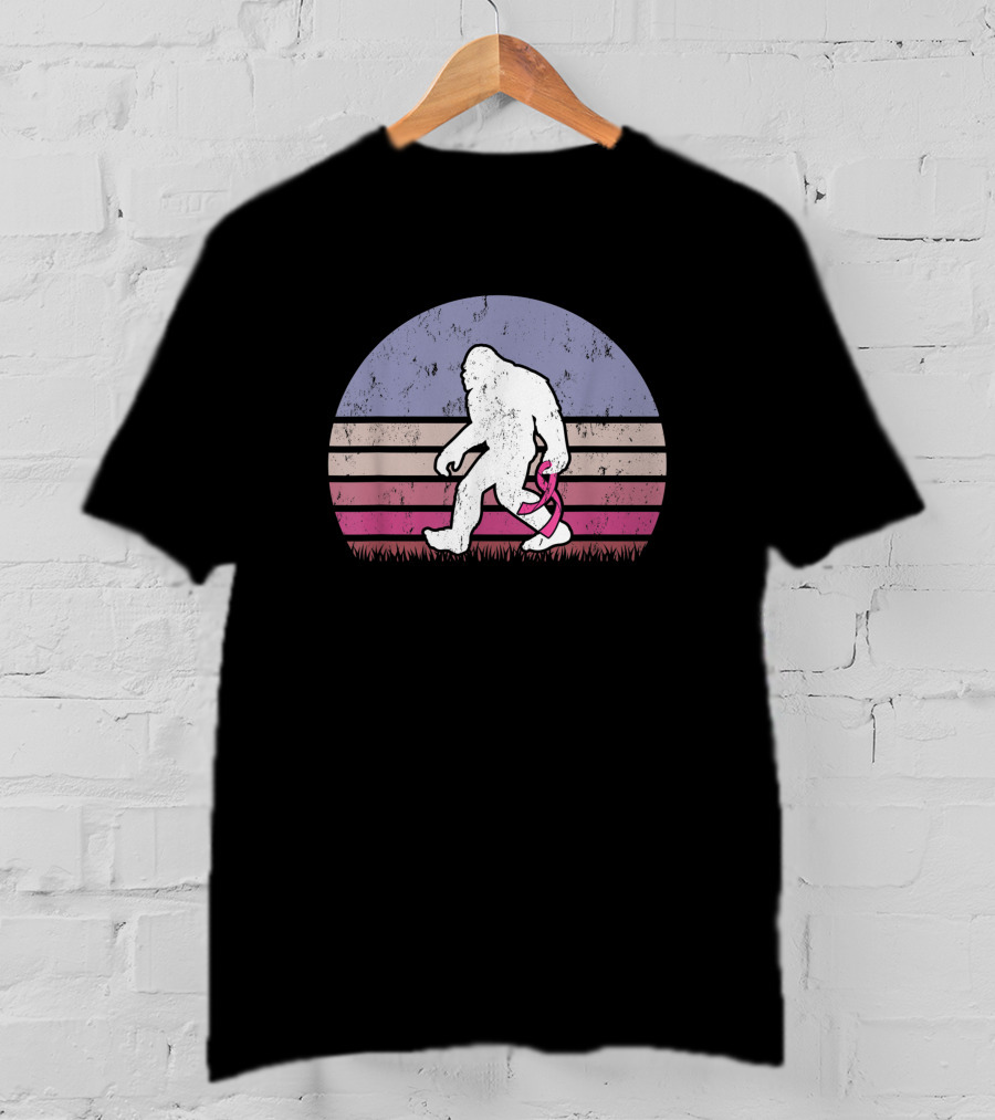 Vintage Bigfoot Breast Cancer Awareness Pink Ribbon Stripes T-Shirt