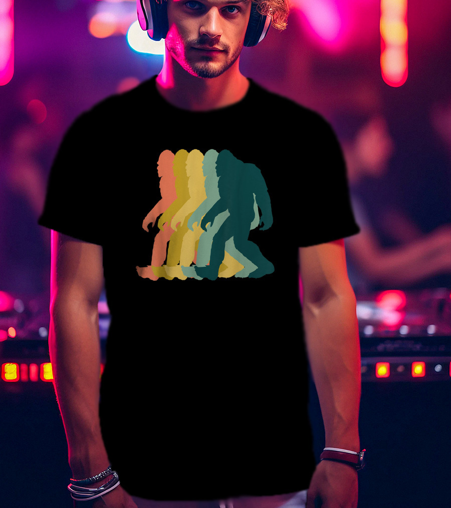 Vintage Retro Rainbow Walking Bigfoot Silhouette 1970s T-Shirt