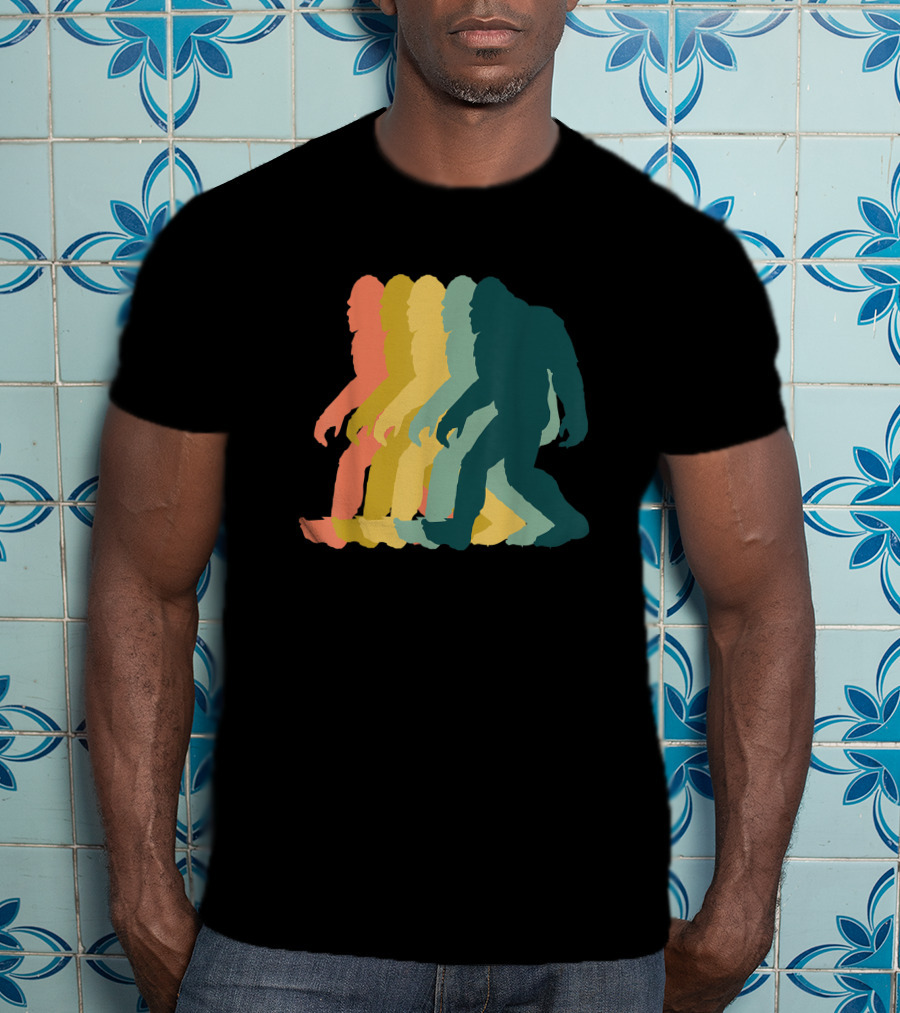 Vintage Retro Rainbow Walking Bigfoot Silhouette 1970s T-Shirt