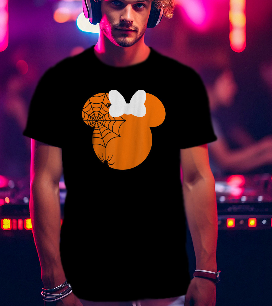 Cute Mouse Halloween Pumpkin With Bow And Spider Web T-Shirt