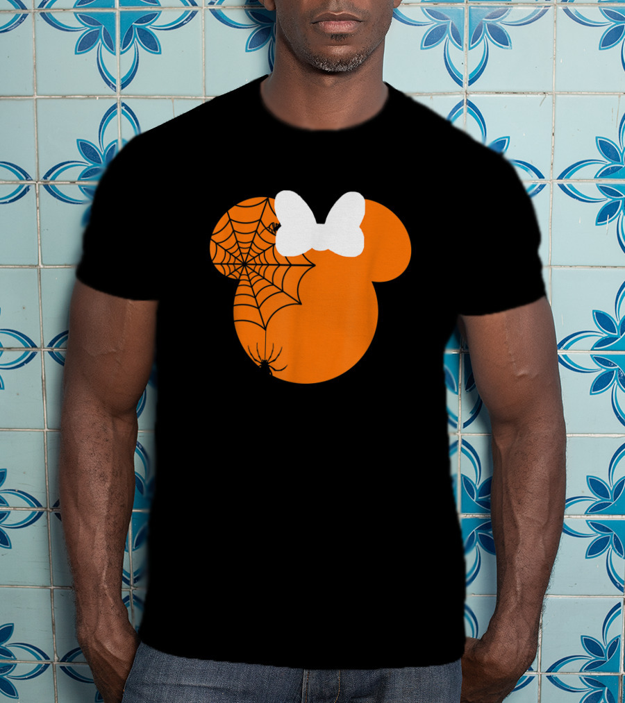 Cute Mouse Halloween Pumpkin With Bow And Spider Web T-Shirt