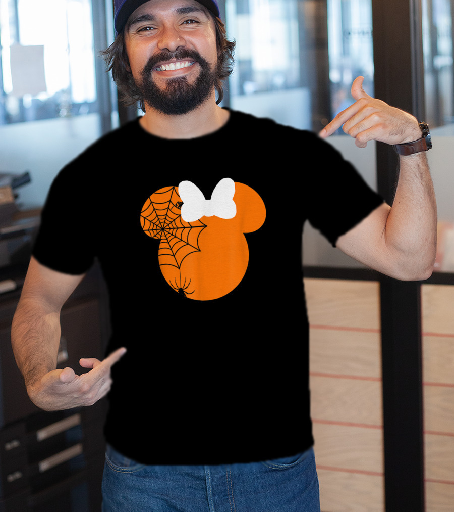 Cute Mouse Halloween Pumpkin With Bow And Spider Web T-Shirt