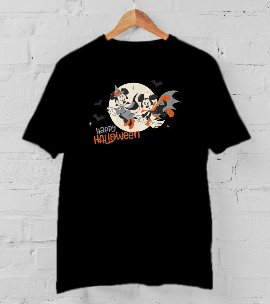 Happy Halloween Disney Minnie And Mickey Flying On Broomsticks T-Shirt