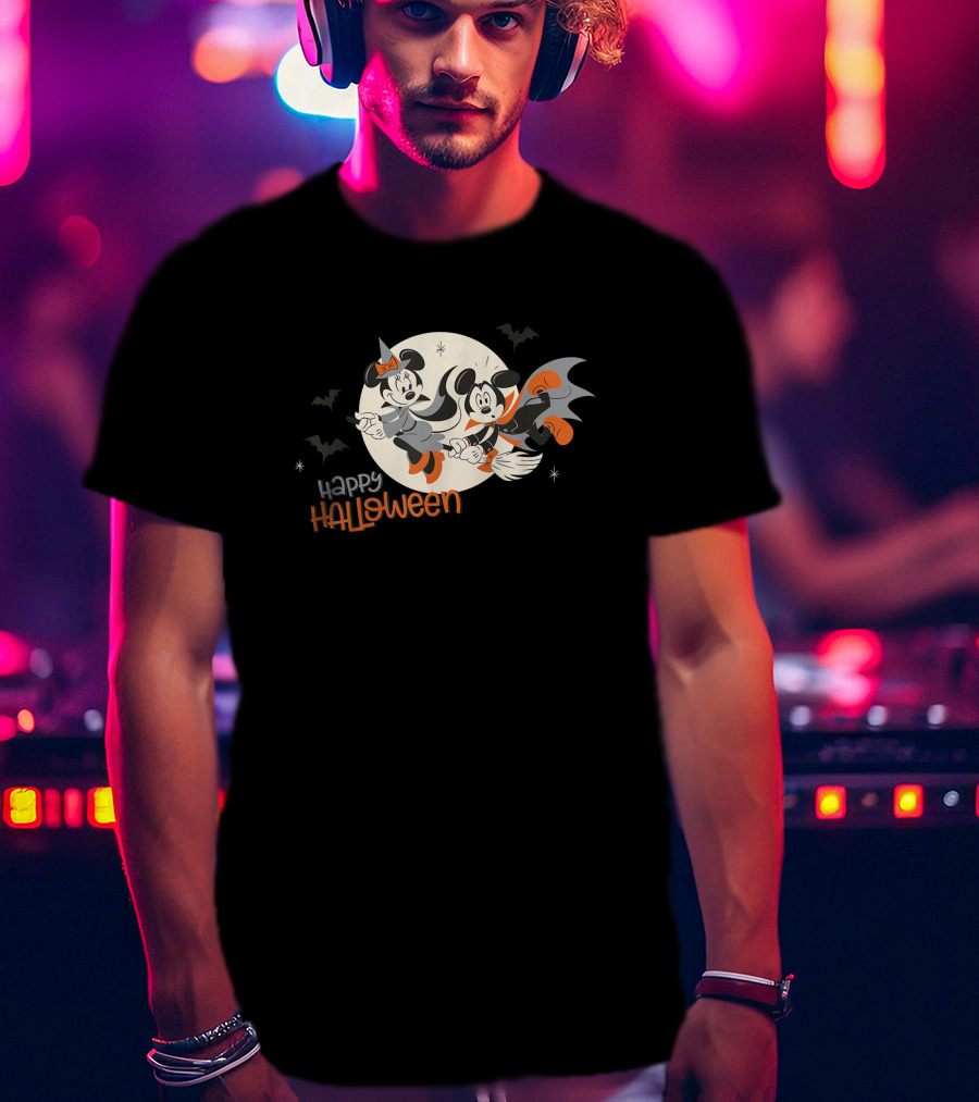 Happy Halloween Disney Minnie And Mickey Flying On Broomsticks T-Shirt
